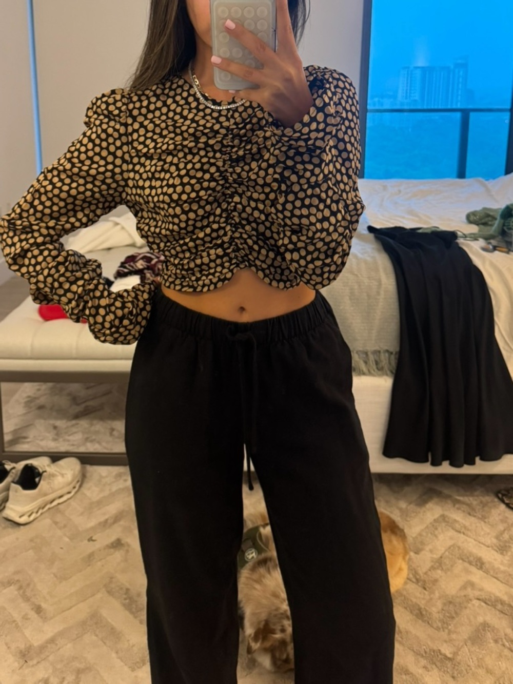 Banana republic Polka Dot Ruched Crop Top - Black & Gold